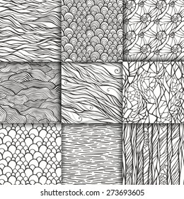 Abstract doodle seamless patterns set. 9 monochrome black and white hand drawn backgrounds. Template for your design. Vector illustration