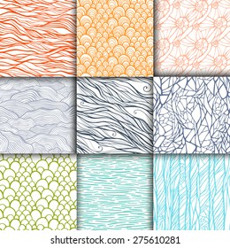 Abstract doodle seamless patterns set. 9 hand drawn backgrounds. Template for your design. Vector illustration