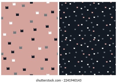 Abstract Doodle Seamless Vector Patter with Tiny Hand Drawn Crowns on a Light Pink and Pale Dark Blue Background. Baby Shower Print ideal for Fabric, Wrapping Paper, Textile.