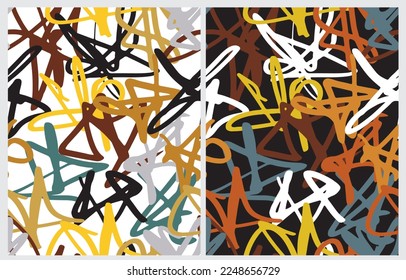 Abstract Doodle Seamless Vector Patterns. Brown, Yellow and Orange Irregular Hand Drawn Scribbles on a White and Black Backround. Messy Abstract Print ideal for Fabric, Textile, Wrapping Paper.