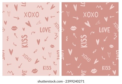 Abstract Doodle Seamless Vector Patterns with Hearts, Love, Kiss, Arrows and Lips on a Pink and Coral Background.Girly Style Hand Drawn Endless Print.Girlhood Repeatable Design.Funny Romantic Pattern.