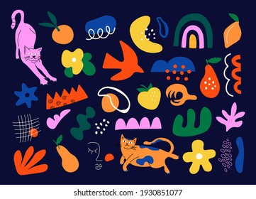 Abstract doodle set. Cat, leaves and organic shapes abstraction elements, cartoon colored stickers. Vector decorative shapes