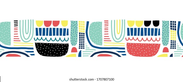 Abstract doodle shapes collage seamless vector border. Cute geometric shapes and doodles repeating pattern blue teal green red yellow black white. Modern line art for kids decor, fabric trim, cards