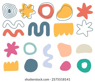 Abstract doodle shapes elements design vector graphic set, minimalistic fun kids childish style modern trendy hand drawn patterns, creative geometric decoration bold freeforms image clip art