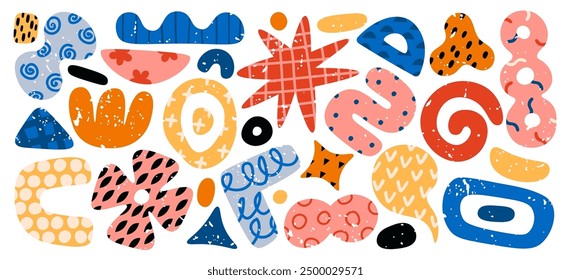 Abstract doodle shapes with grunge textures, retro graffiti, childish colorful paint design. Geometry figures, squiggles and creative decorative patterns set. Artistic symbols vector illustration