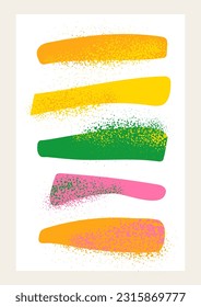 Abstract doodle shapes poster with hand drawn lines, modern geometry. Organic shapes and spray paint splashes. Green, orange, yellow colors. Vector illustration