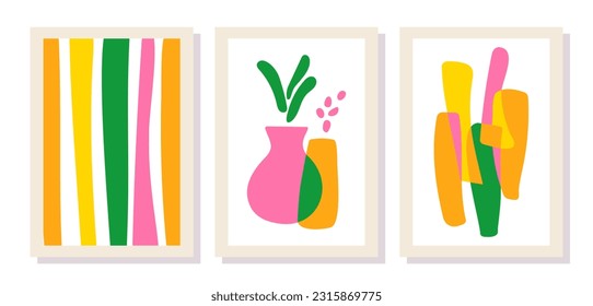 Abstrakte Doodle formt Poster mit handgezeichneten Linien, Vase und Blumen, moderne Geometrie. Grün, orange, rosa. Vektorgrafik, alle Elemente sind einzeln