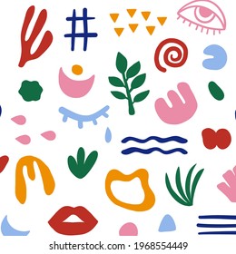 Abstract doodle shapes seamless pattern. Cute colored cubism cartoon elements, seamless doodle vector background