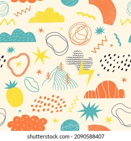 Abstract doodle shapes seamless pattern. Hand drawn blob, splash, circle, cloud, pineapple, dots, scribble, elements. Geometric textured memphis backgroung for textile, cover, wrapping paper wallpaper