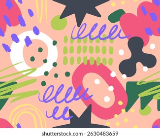 Abstract doodle shapes, seamless pattern. Modern endless texture design with hand-drawn elements, scribbles, dots. Repeating print, background for trendy textile, wrapping. Flat vector illustration