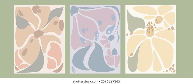 Abstract doodle shapes set - curvy drop shapes, botanical elements, organic wavy lines and floral motifs. Pastel neutral color palette in minimalist style. Trendy boho patterns, modern backgrounds.