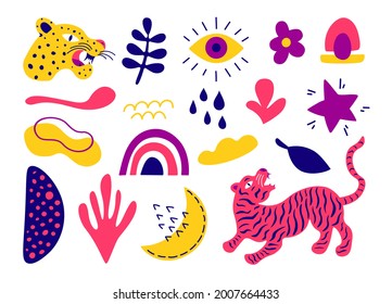 Conjunto de formas de doodle abstracto. La decoración geométrica del leopardo de las tigres dibujado a mano arroja garabatos de blobs contemporáneos. Ilustración del vector