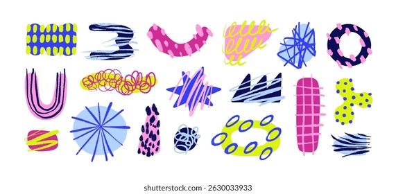 Abstract doodle shapes set. Hand-drawn geometric organic figures, forms with scribbles, swirls, grid. Modern creative design elements in funky style. Flat vector illustration on white background