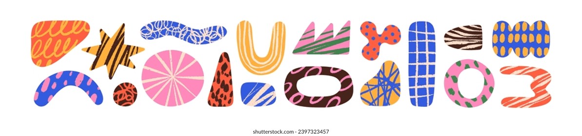 Abstract doodle shapes set. Modern cute geometric design elements with trendy creative scribble textures, lines and hand-drawn patterns. Colored flat vector illustrations isolated on white background.