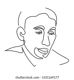 Abstract doodle sketch portrait of male face with head and neck collar in several continuous lines, stylized art, graphic illustration on white background