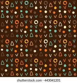Abstract doodle sketch seamless pattern background. Childish irregular shapes isolated on brown cover. Coffee theme colors. 