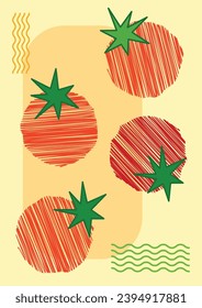 Abstract doodle sketch styled tomato cooking ingredients vector illustration isolated on vertical yellow background. Simple flat cartoon minimalist art style drawing for kitchen or restaurant poster.