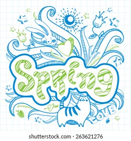 Abstract doodle spring childish card in vector. Hand-drawn pen and ink animals, flowers and cheerful labels on the background of the notebook sheet.