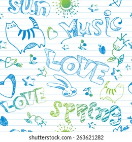 Abstract doodle spring childish seamless pattern in vector. Hand-drawn pen and ink animals, flowers and cheerful labels on the background of the notebook sheet.