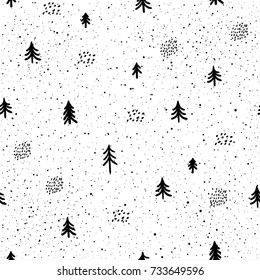 Abstract doodle spruce forest seamless patten background. Monochrome black and white patten for design greeting card, modern party invitation, halloween holiday menu, bag print, t shirt design etc.
