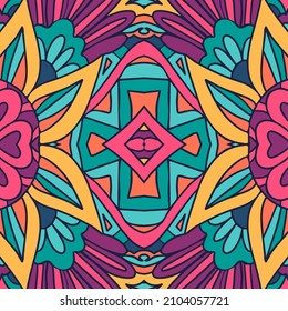 Abstract Doodle style seamless pattern ornamental. Aztec psychedelic design with cross and rhombus