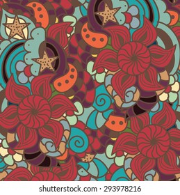 Abstract doodle summer floral pattern, wavy background. 