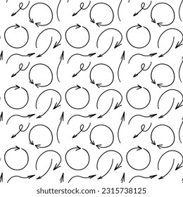 Abstract doodle thin arrows seamless pattern. Circular, straight, curved hand-drawn arrows