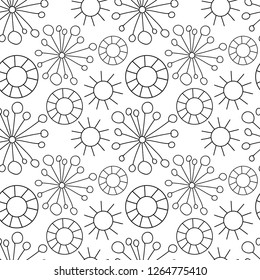 Abstract doodle thin line seamless pattern with sun burst, circles. Vector illustration. 