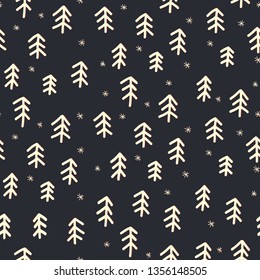 Abstract doodle trees white on black seamless vector pattern. Contemporary hand drawn Christmas background night sky black white. Trees and stars simple backdrop. Scandinavian winter holiday print. 