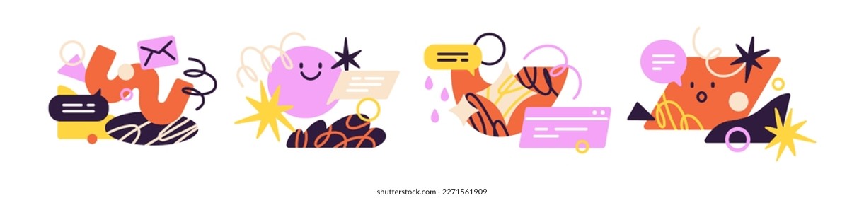 Abstract doodle trendy shapes compositions set. Online communication, internet marketing concept. Creative geometric fun elements. Flat graphic vector illustrations isolated on white background