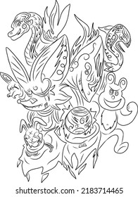 Abstract doodle vector drawing a group of animals with gangster style