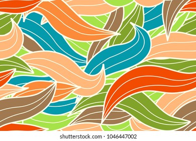 Abstract doodle waves, leaves seamless pattern. Colorful botanical vector hand drawn wavy textured background. Creative floral drawing for fabric print, wallpaper, gift wrap,packaging design,scrapbook