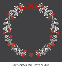 Abstract doodle white bunch of leave with berry and bow wreath for decoration for Christmas holiday and celebration event.