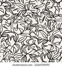 Abstrakte doodled Blätter nahtlose Wiederholmuster. Random platziert, Vektorpflanzenelemente aus botanischem Garten auf der ganzen Oberfläche auf beigem Hintergrund.