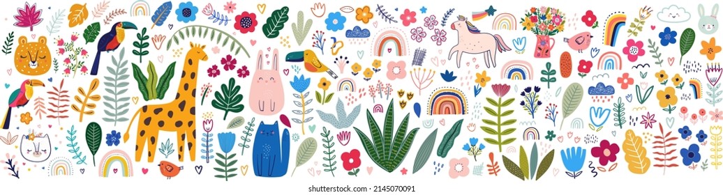 Abstract doodles. Baby animals and flowers pattern. Fabric pattern. Vector illustration with cute animals. Nursery baby illustration