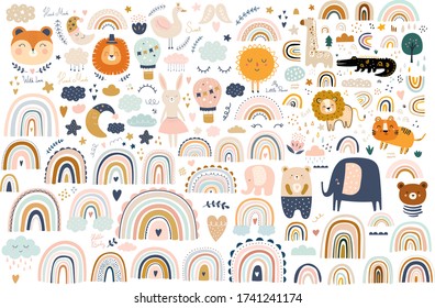 Abstract doodles. Baby animals pattern. Fabric pattern. Vector illustration with cute animals. Nursery baby pattern illustration