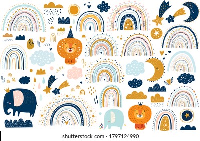 Abstract doodles. Baby animals pattern. Fabric pattern. Vector illustration with cute animals. Nursery baby pattern illustration