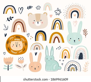 Abstract doodles. Baby animals pattern. Fabric pattern. Vector illustration with cute animals. Nursery baby pattern illustration