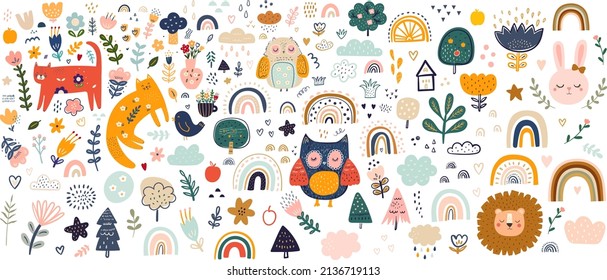 Abstract doodles. Baby animals pattern. Fabric pattern. Vector illustration with cute animals. Nursery baby pattern illustration