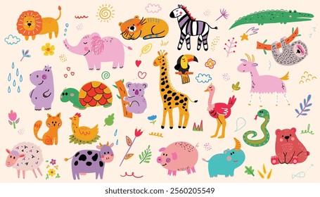 Abstract doodles. Baby animals pattern. Fabric pattern. Vector illustration with cute animals.