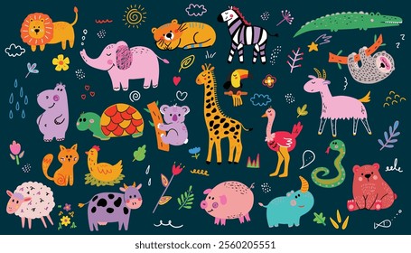 Abstract doodles. Baby animals pattern. Fabric pattern. Vector illustration with cute animals.