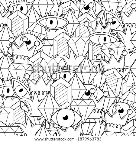 Abstract doodles black and white seamless pattern with crystals and eyes. Whimsical coloring page for adults and kids. Outline background. Vector illustration