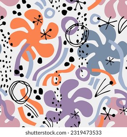 Abstract doodles circles, dots, squiggles seamless pattern. Abstract minimal lines, circles, doodles, squiggles seamless pattern. Colorful wavy elements in kids cartoon style. Fun vector illustration