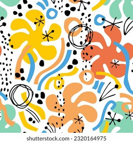 Abstrakte Doodles kreisen, Punkten, Knicken nahtlose Muster. Abstrakte minimale Linien, Kreise, Doodles, Squiggles nahtloses Muster. Farbige, gewellte Elemente im Karikaturenstil. Fun, Vektorgrafik