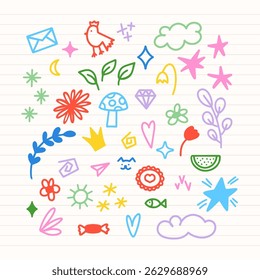 Abstractas colección de garabatos. Pequeños Elementos dibujados a mano. Conjunto de Ilustraciones vectoriales para carteles, publicaciones en redes sociales, ropa, pegatinas