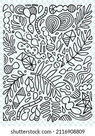 Abstract doodles composition. Fun hand drawn elements, objects and particles. Creative whimsical art illustration.