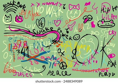 abstract doodles with drawings and text. for print, backgrounds, illustrations, wrapping paper, postcards, design, book, poster