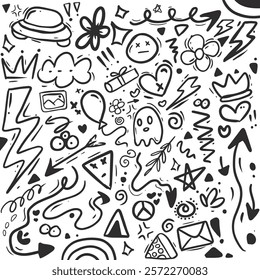 Abstract doodles, Hand drawn pointing arrow, outline shapes and doodle frames. Ink signs, line curved arrow, heart and circle sketch isolated vector illustration symbols set