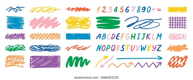 Abstract doodles with lines arrows numbers and alphabet, hand drawn. Vector illustration.