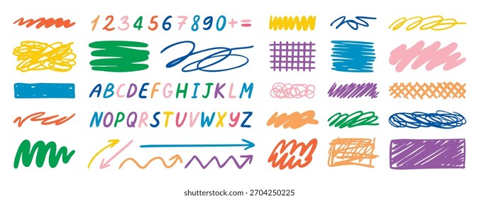 Garabatos Abstractas con líneas flechas números y alfabeto, dibujado a mano. Ilustración vectorial.